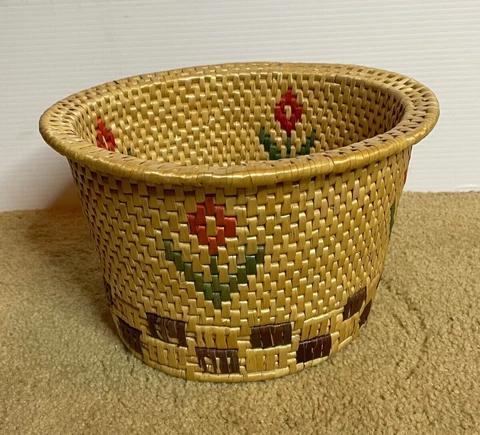 Vintage 60s 70s Boho Ethnic Woven Floral Lipped Mexican Basket Plant Pot Cover Cover