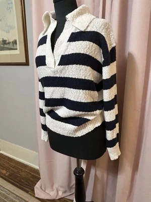 Heyson Womens Size M Nautical lSweater Navy White Stripe Preppy Chunky Vneck new - Image 1 of 4