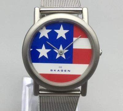 Skagen American Flag Watch 33mm Ultra Slim Mesh Band New Battery 8.5" Foto 1 de 4