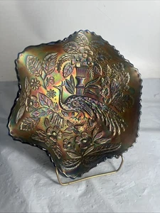 Vintage Fenton Peacock At The Urn Carnival Glass Ruffled Bowl Blue Rare - Picture 1 of 13
