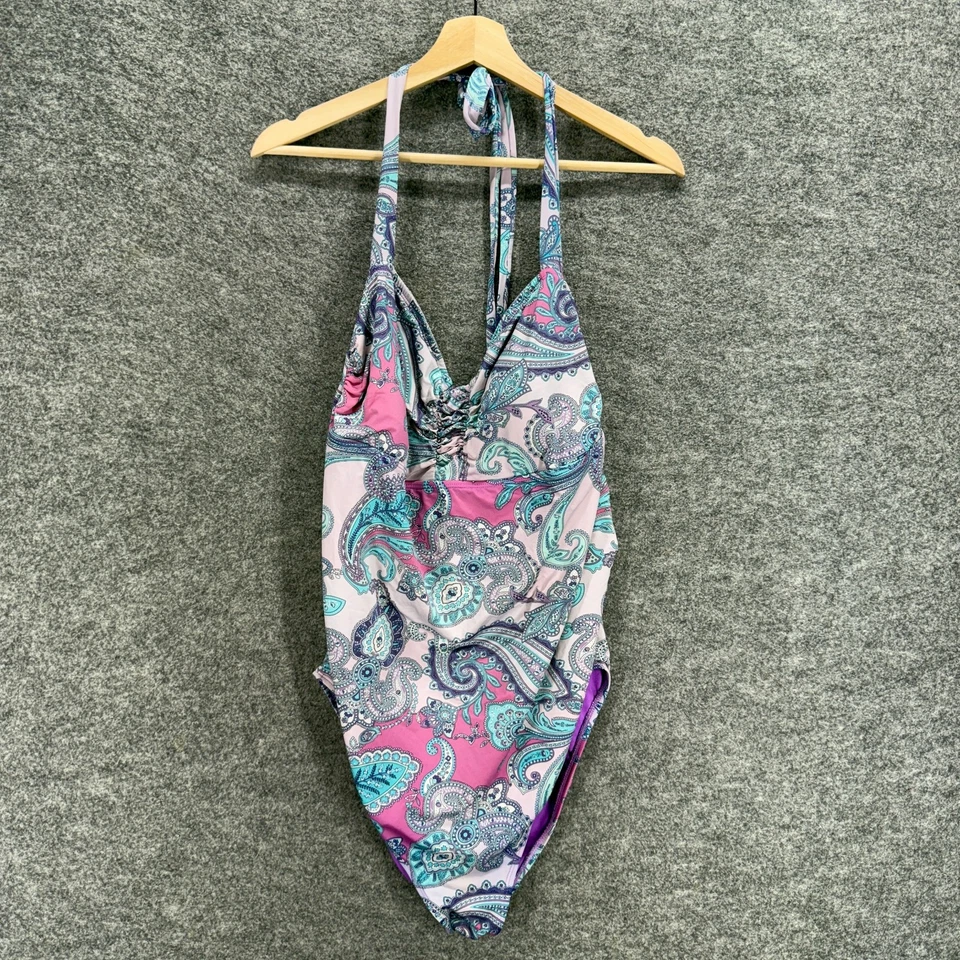 Traje de baño antiguo azul marino para mujer XL rosa cachemira de una pieza sin mangas halter cuello push up Foto 1 de 4