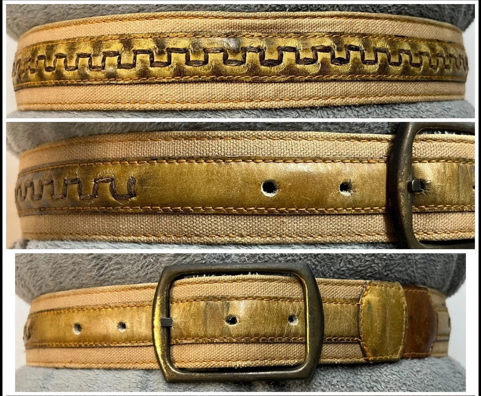 Cinturón tejido de piel de novillo vintage con cordones a mano de lona tono bronce hebilla talla 26 XXS Foto 1 de 4