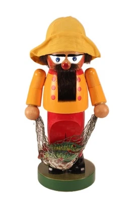 Vtg 11" Steinbach Nutcracker Chubby Fisherman Yellow Hat w/ Fishing Net & Shells - Image 1 of 4