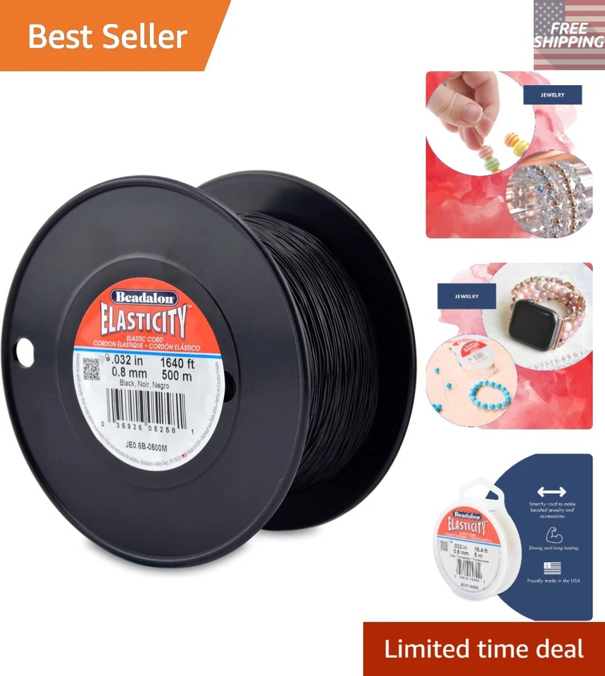Cordón elástico elástico de lujo de 500 m 0,8 mm negro - ideal para hacer joyas hágalo usted mismo Foto 1 de 4