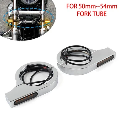 Chrome Motorcycle LED Fork Turn Signal Light Indicator Amber For Harley Suzuki - Image 1 of 4