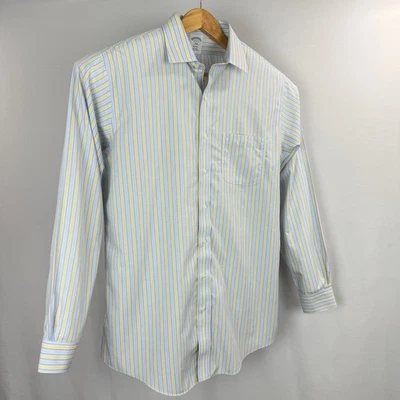 Camisa con botones Brooks Brothers para hombre 17-6/7 rayas amarillo azul 100 % algodón LS Foto 1 de 4