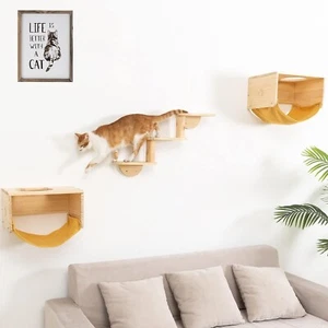 HAPYKITY Cat Condo Shelves Set w/ Ladder, 3 pc, Wall Mounted, Natural Wood - Picture 1 of 5