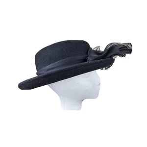Vintage Arlin Black 100% Wool Felt Sheer Hat Band & Bow Bowler Derby Hat 23" - Picture 1 of 7