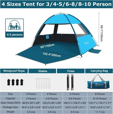 COMMOUDS Beach Tent Sun Shade for 3/4-5/6-8/8-10 Person, UPF 50+ Beach Sun Shelt - Image 1 of 4