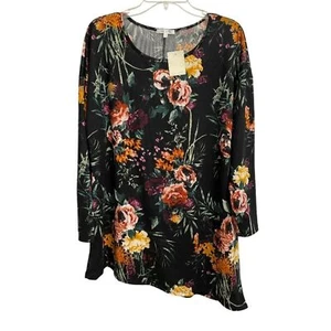 NWT Ava James Floral Print Blouse Tunic Women's Size 1X Black Asymmetrical Hem - Picture 1 of 14