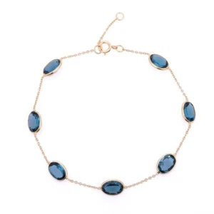 6 Ct Lab Created Oval Blue Topaz Bezel Set Station Anklet 14K Yellow Gold Plated - Picture 1 of 5