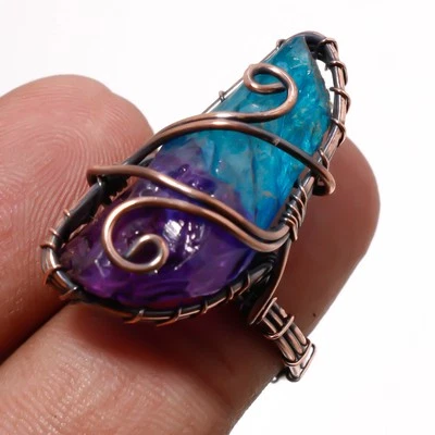 Slice Rough Druzy Gemstone Handmade Wire Wrap Copper Gift Jewelry Ring 6" PG 282 - Image 1 of 4