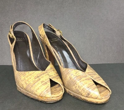 Stuart Weitzman Tan Textured Leather Slingback Peep Toe Heels Size 8W EUC - Image 1 of 4
