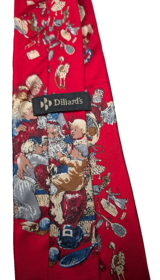 VINTAGE Dillard's Red 100% Silk Christmas Necktie Tie Old World Santa Claus 59" - Image 1 of 4