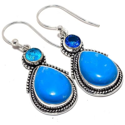 Sleeping Beauty Turquoise,Blue Topaz 925 Sterling Silver Earring 2.09" c938 - Image 1 of 4