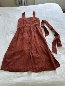 Toast Brick Red 100% Linen Button Down Midi Dress Size 12 Pockets Waist Tie - Picture 1 of 14