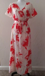 Short-sleeve V-neck Floral Slit Long Maxi Beach Dress with Belt White/Red Small - Picture 1 of 8