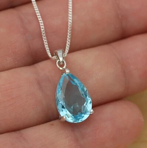 Natural Blue Topaz Large Teardrop 925 Sterling Silver Pendant Necklace 18 Inch - Picture 1 of 7