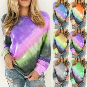 Tops Dye Sweatshirt Tie Women's T-Shirt Oversized Gradient Long Sleeve Pullover - Picture 1 of 16