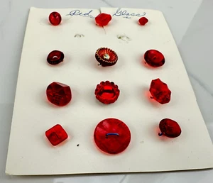 VTG Antique Red Glass Buttons Lot On Card Faceted Rhinestone Gold Painted Dome - Picture 1 of 24