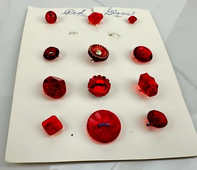 VTG Antique Red Glass Buttons Lot On Card Faceted Rhinestone Gold Painted Dome - Image 1 of 4