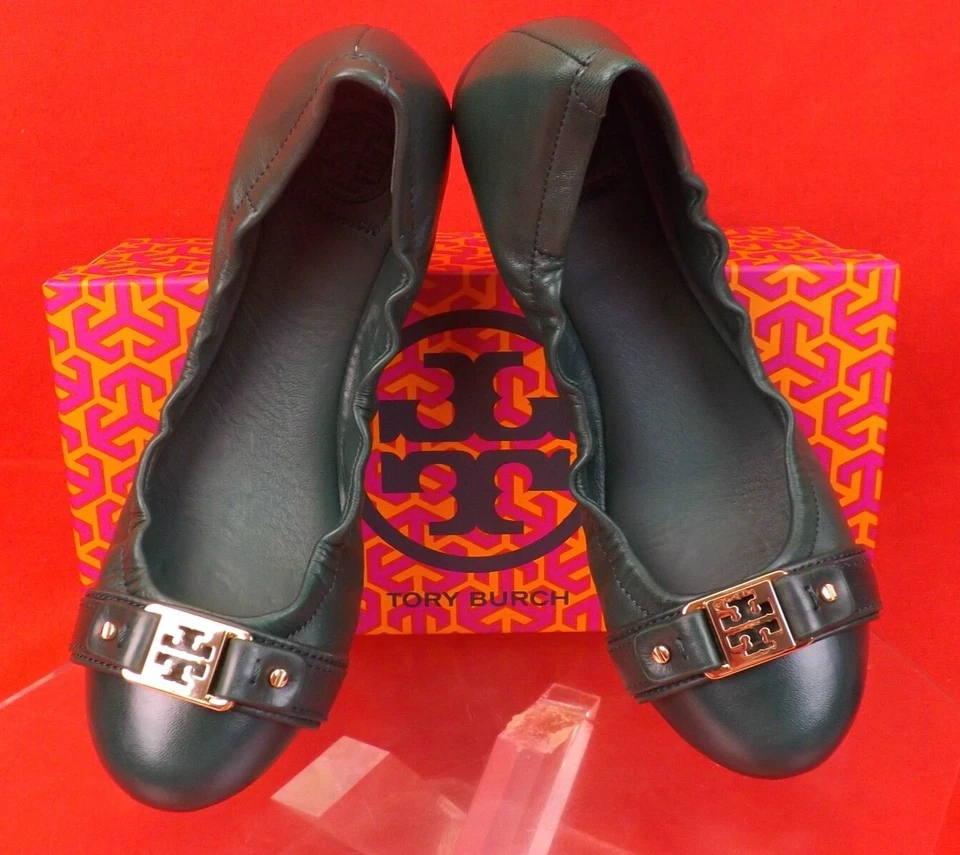 Tory Burch Blossom Port Wine Flowers Leather Gold Reva Ballet Flats 8