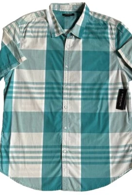 Men's Structure Aqua And White Plaid Short Sleeve Slim Fit Shirt Size XL - Image 1 of 4