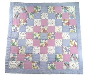 Handmade Baby Blanket Quilt 33x33 Pink Purple Roses Teddy Bears - Picture 1 of 7