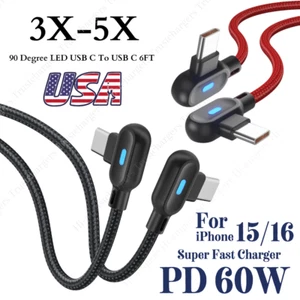 60W PD 90 Degree USB C To USB C Cable 6Ft Fast Charger Cord For iPhone 16 15 Pro - Picture 1 of 11