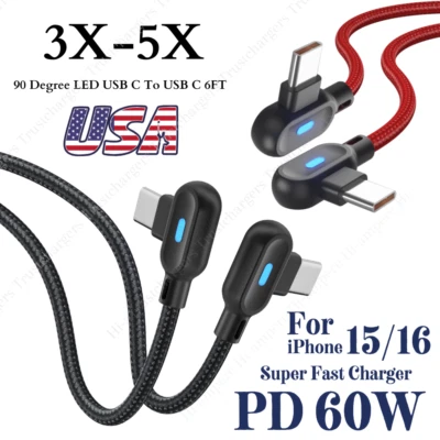 60W PD 90 Degree USB C To USB C Cable 6Ft Fast Charger Cord For iPhone 16 15 Pro - Image 1 of 4