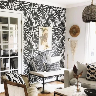 York Ashford Gold Matte Black White Bali Bohemian Designer Botanical Wallpaper - Image 1 of 4