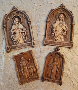 Lot of 4 Vtg Faux Wood Religious Wall Plaques 2 Sacred Heart, 1 Shepherd, 1 Mary - Picture 1 of 7
