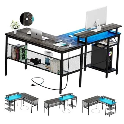 L Shaped Computer Desk with Magic Power Outlets and Smart LED Light, Black Oak - Image 1 of 4