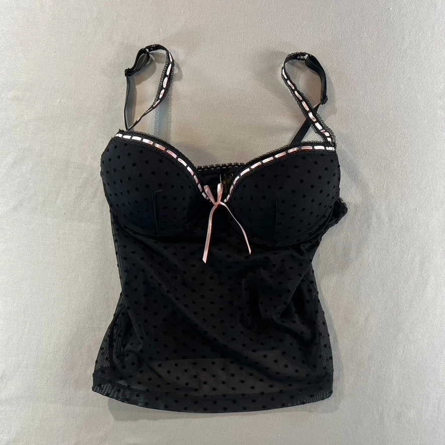 Donna L’oren Negro Lunares Malla Bustier Top M Rosa Lazo Lencería Y2K Coqueta Foto 1 de 4