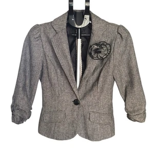 Stooshy Blazer Womens Medium Herringbone Gray Black 3/4 Puff Sleeve Button Y2K - Picture 1 of 7