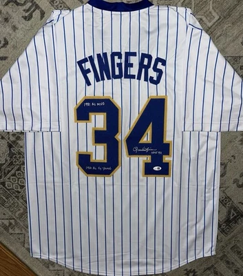 Rollie Fingers Signed Custom Milwaukee Brewers Pinstripe Jersey 3 Insc JSA COA - Image 1 of 2