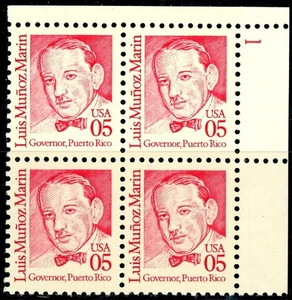 Luis Munoz Marin Plate Block of 4 Plate 1 Tagged MNH Scott's 2173 Upper Right ~ - Picture 1 of 2