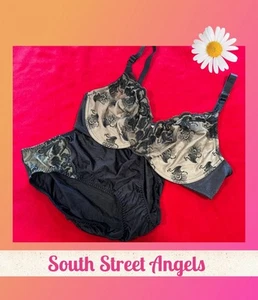 VINTAGE WACOAL 85753 84153 BLACK TAN EMBROIDERED BRA & HI-CUT PANTY SET 38D / XL - Picture 1 of 17