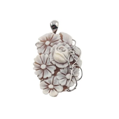 Ciondolo Cammeo argento 925 rosa fiore cammeo inciso a mano gioiello artigianale - Immagine 1 di 4