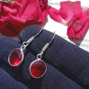 Perfect Faceted Red Topaz Gemstone 925 Sterling Silver Plated Boho Hook Earrings - Picture 1 of 2