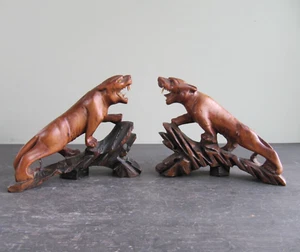 Pair of Antique Chinese Wooden Hand-Carved Tigers on Carved Rock Formations - Picture 1 of 12