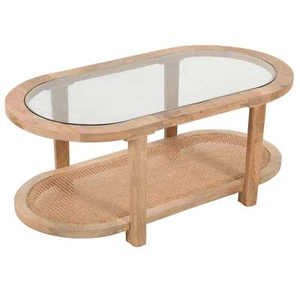 Kiodex Modern Natural Solid Mango Wood Coffee Table With Glass Top Living Room - Picture 1 of 6