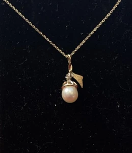 VINTAGE 10K GOLD PEARL & DIAMOND PENDANT NECKLACE 18” - Picture 1 of 4