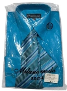 Milano Moda Mens Turquoise Dress Shirt With Striped Tie 15-15.5 Neck 34-35 Sleev - Picture 1 of 5