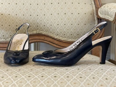 SALVATORE FERRAGAMO NAVY, BLACK PATENT LEATHER SLINGBACK PUMP SHOES US 6 Narrow - Image 1 of 4