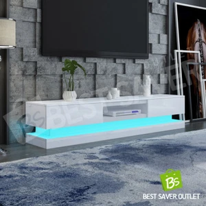 180cm RGB LED TV Stand Cabinet Entertainment Unit High Gloss 2 Drawers White AU - Picture 1 of 9