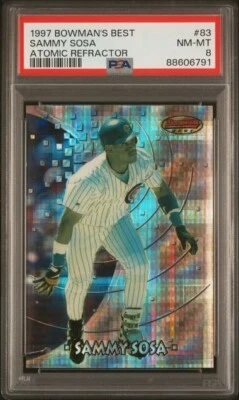 Tarjeta Bowman's Best Sammy Sosa 1997 Chicago Cubs refractor atómico # 83 bonita PSA 8 Foto 1 de 2