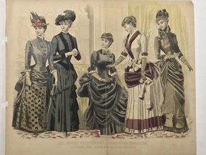 Antique 1884 ENGRAVING HAND COLORED FASHION PLATE Peterson’s Print Parisian PLM - Picture 1 of 2