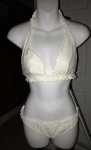 JLO Jennifer Lopez White Eyelet Ruffled Halter Top Bikini 2 Piece Swim Suit 9 10 - Picture 1 of 6