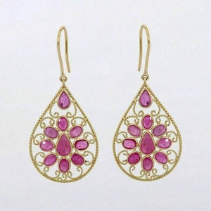 3CT Drop Earrings Pear Oval Lab Created Ruby Filigree 14k Yellow Gold Finish - Picture 1 of 4
